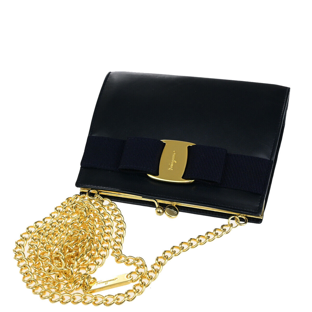 SALVATORE FERRAGAMO Vara Mini Chain Shoulder Bag Leather Navy Blue GHW 69YF494