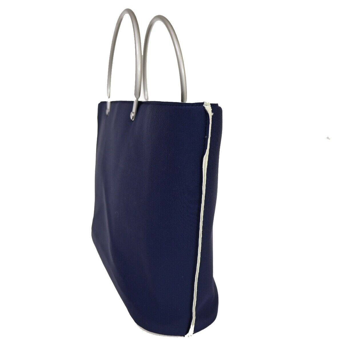 CHANEL CC Logo Metal Handle Hand Tote Bag Nylon Leather Blue Silver 35KA012