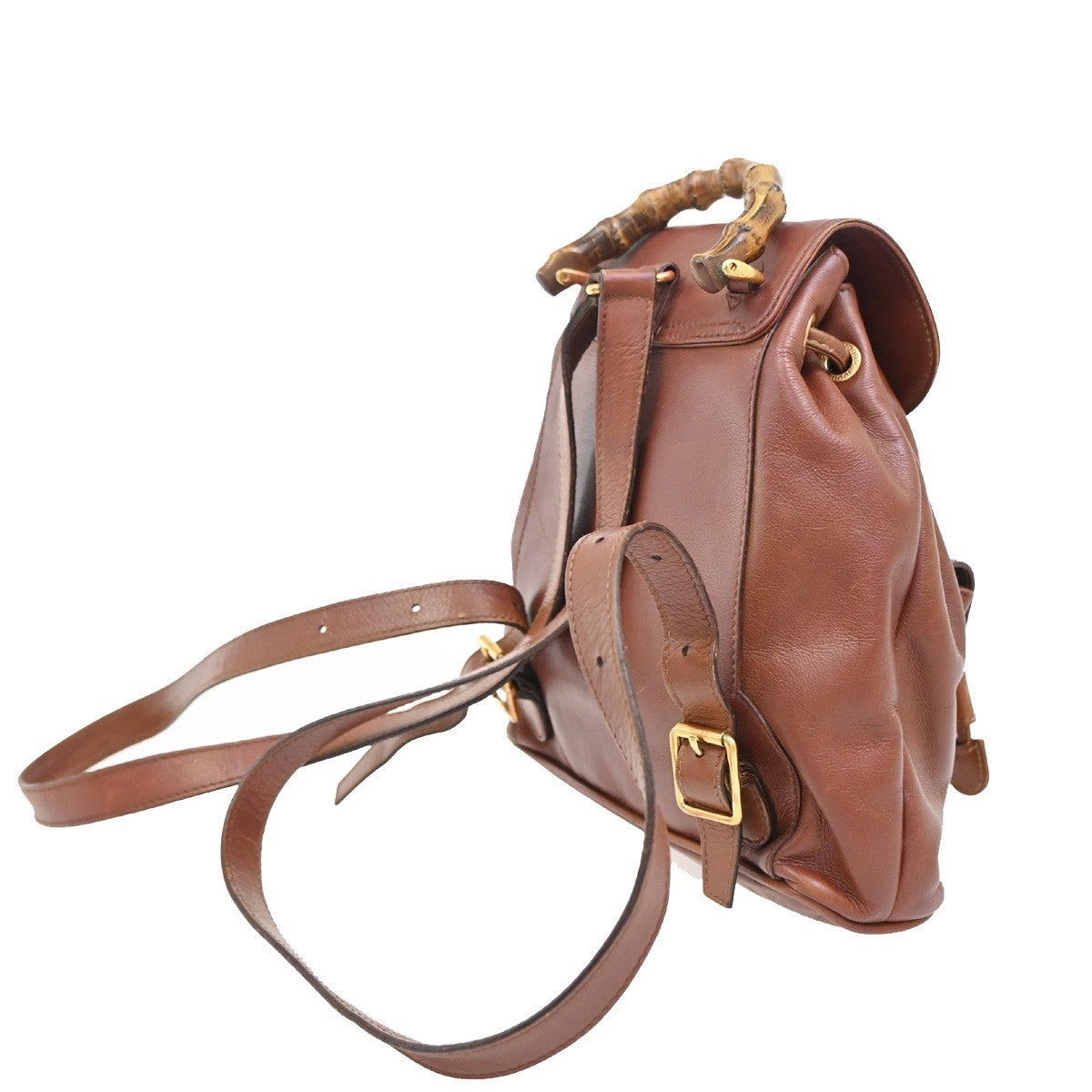 GUCCI Logo Bamboo Drawstring Mini Backpack Bag Leather Brown GHW Italy 38EG182