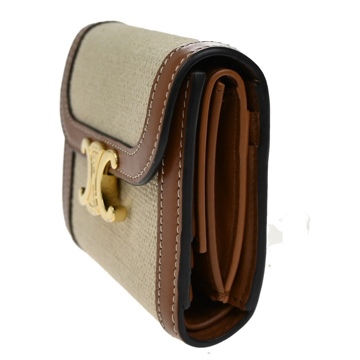 CELINE Triomphe Small Trifold Wallet Purse Canvas Leather Brown BE GHW 87RL411