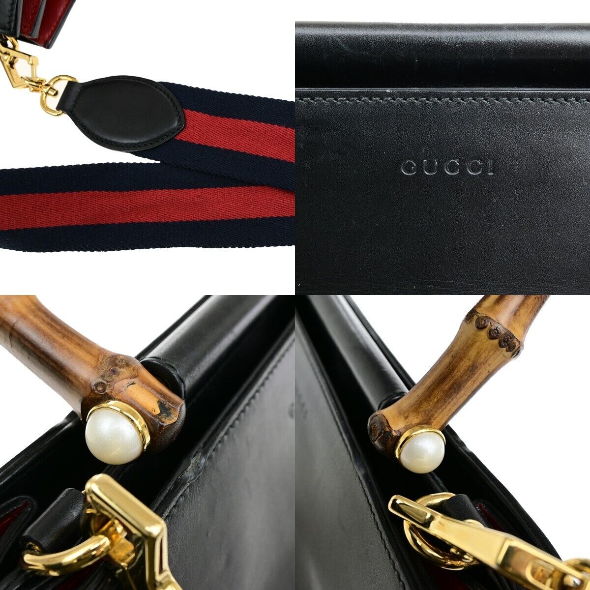 GUCCI Logo Nymphaea 2Way Shoulder Hand Bag Bamboo Leather Black Red 73ED428
