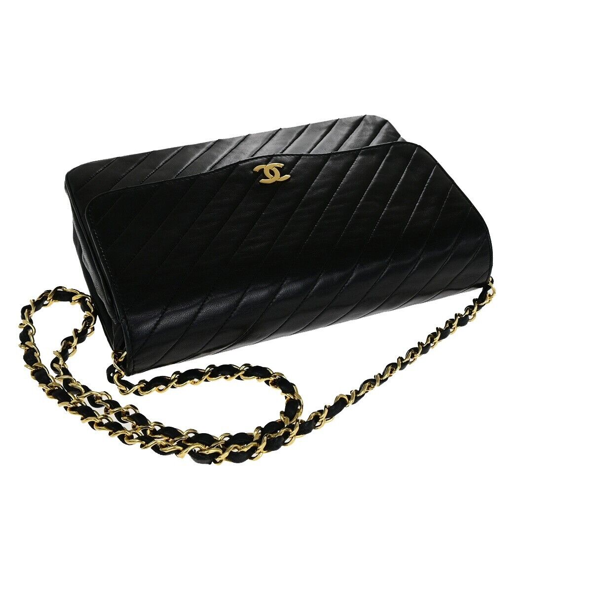 CHANEL CC Bias Stitch Chain Shoulder Bag Leather Black GHW Vintage 645RF150