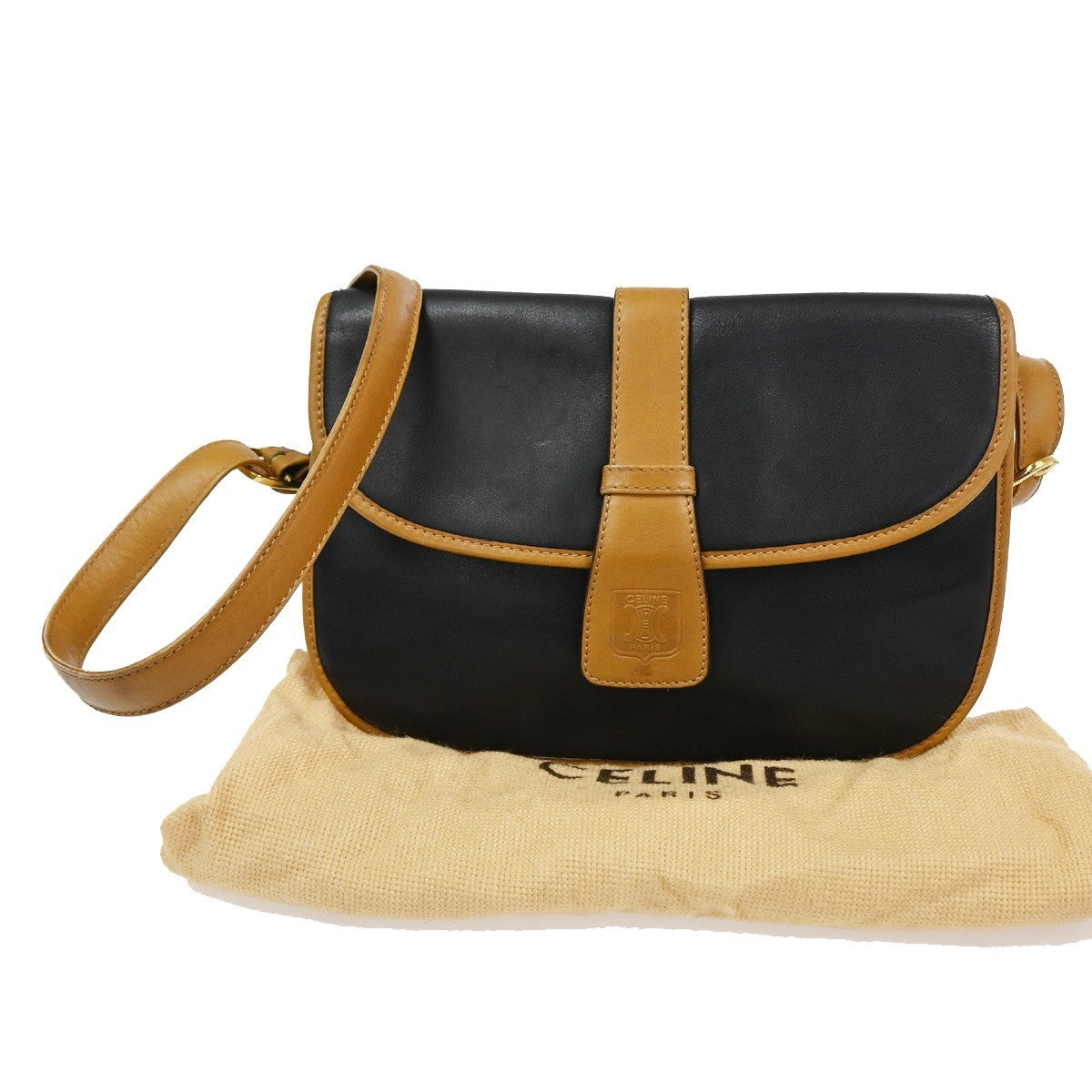 CELINE Logo Crossbody Shoulder Bag Leather Black Brown GHW Italy  66TA664