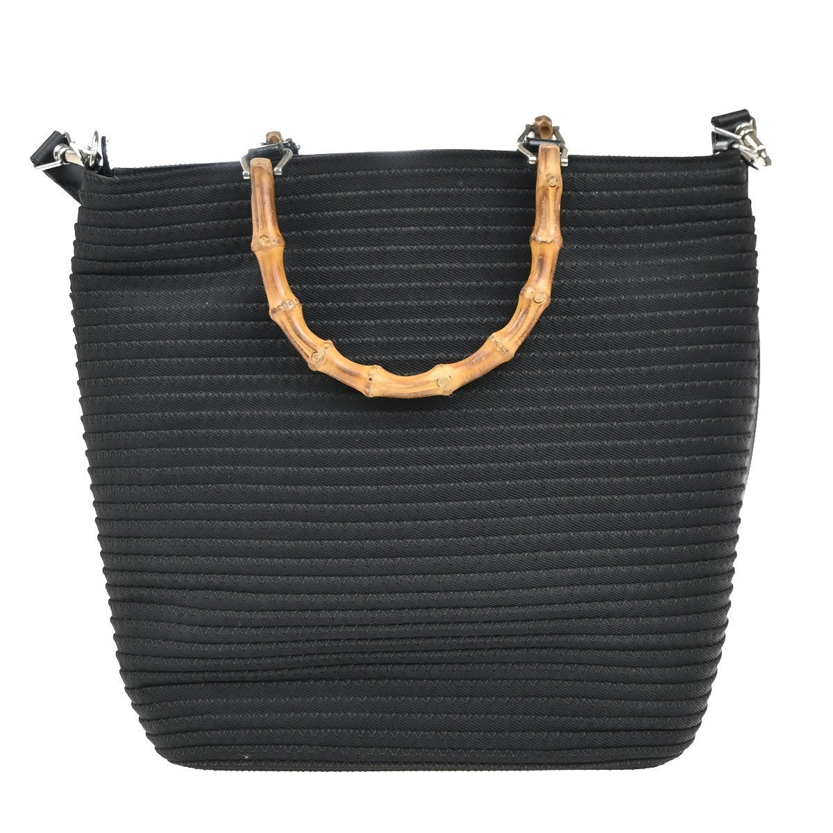 GUCCI Logo Bamboo 2Way Shoulder Hand Bag Canvas Leather Black SHW 67KP430