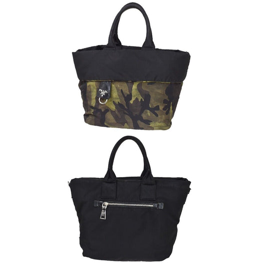 PRADA MILANO Reversible Tessuto Hand Bag Nylon Leather Black Camouflage 80YD401