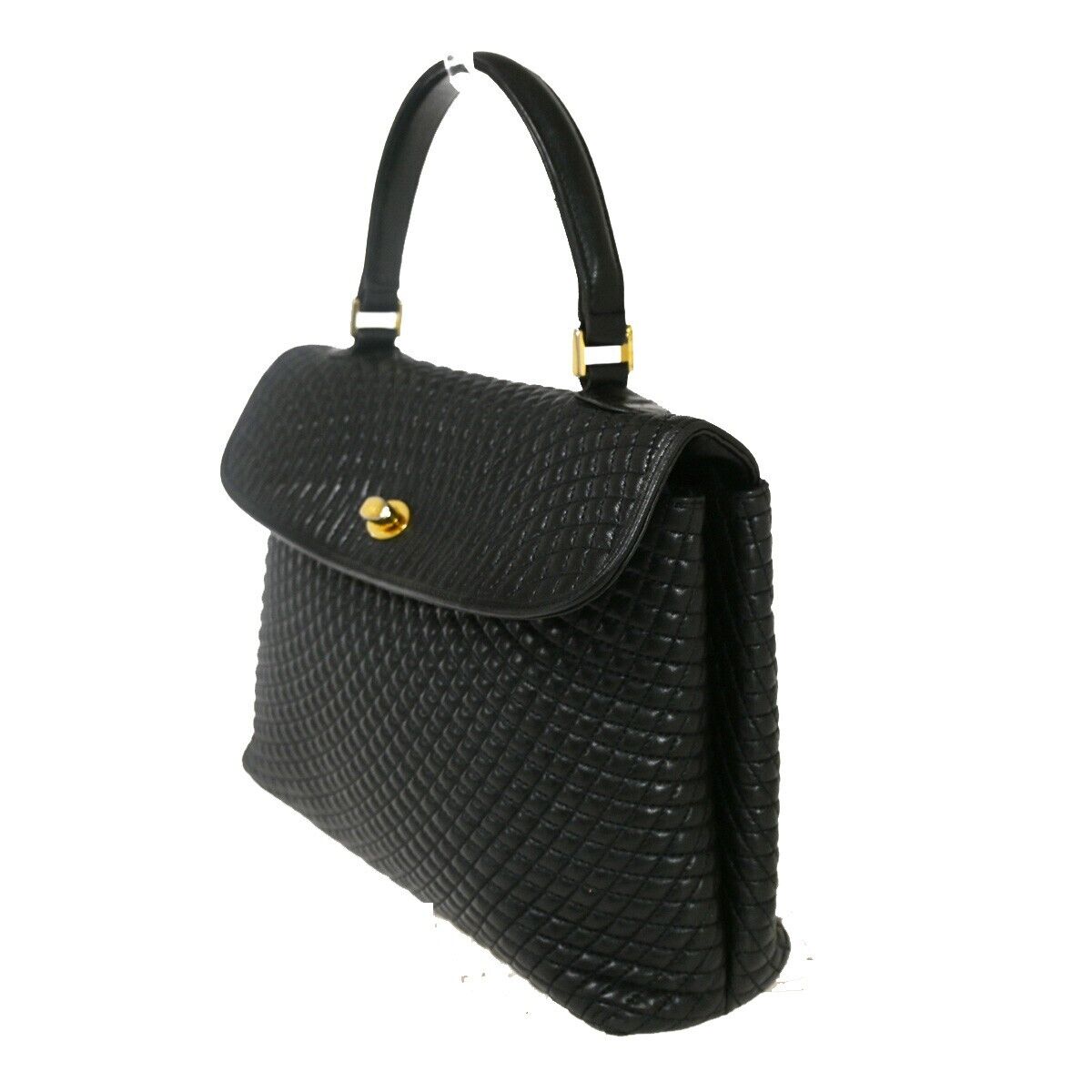 BALLY Logo Hand Bag Leather Black Gold-Plated Made In Italy 02YD220