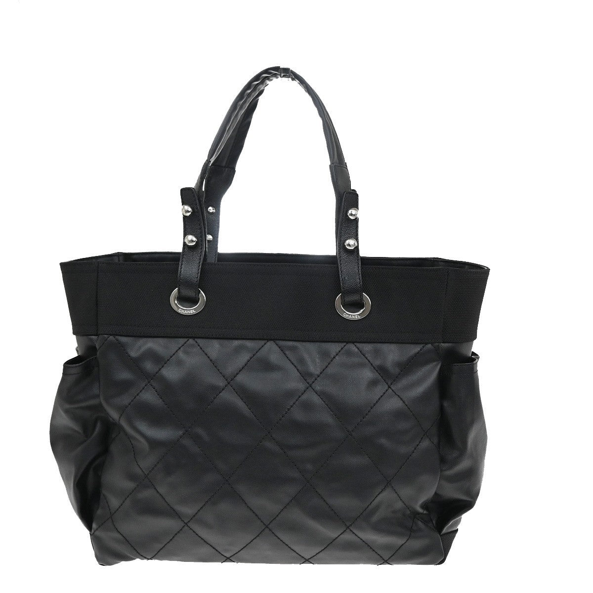 CHANEL CC Paris Biarritz GM Shoulder Bag Coating Canvas Leather BK SHW 689RL482