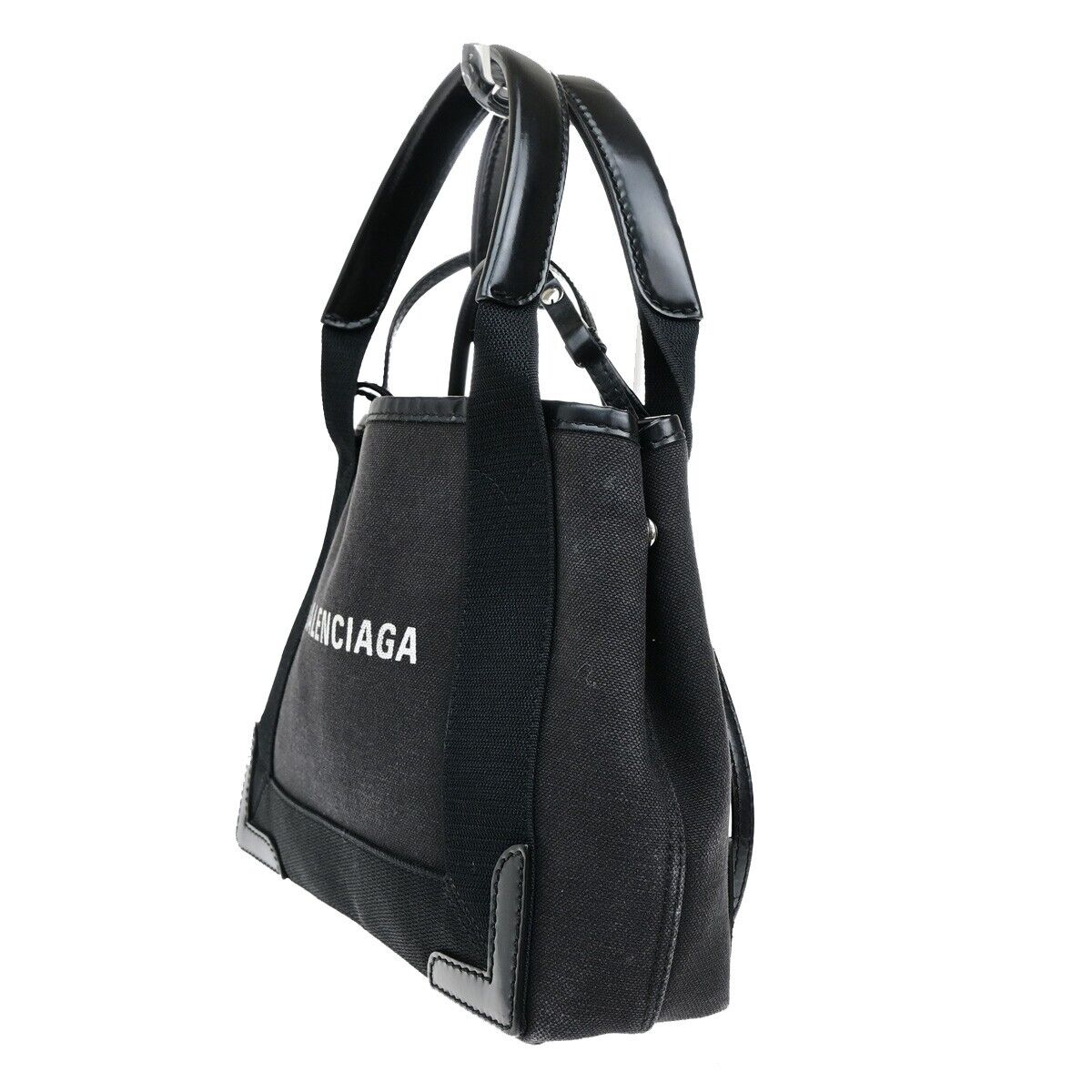 BALENCIAGA Navy Cabas XS 2Way Shoulder Hand Bag Canvas Leather Black 85ED814