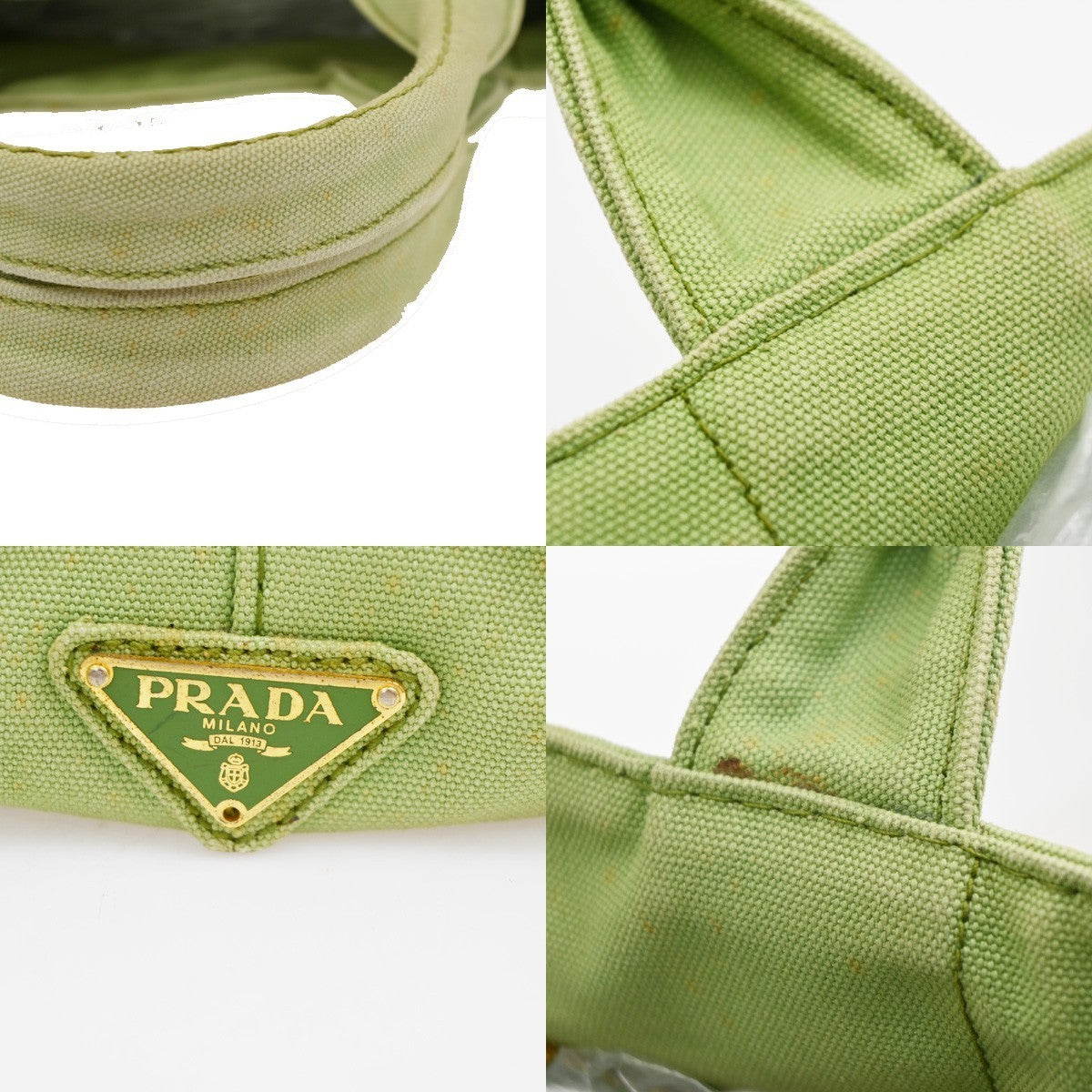 PRADA Milano Logo CANAPA Tote Hand Bag Canvas Leather Green Gold Italy 32CA995