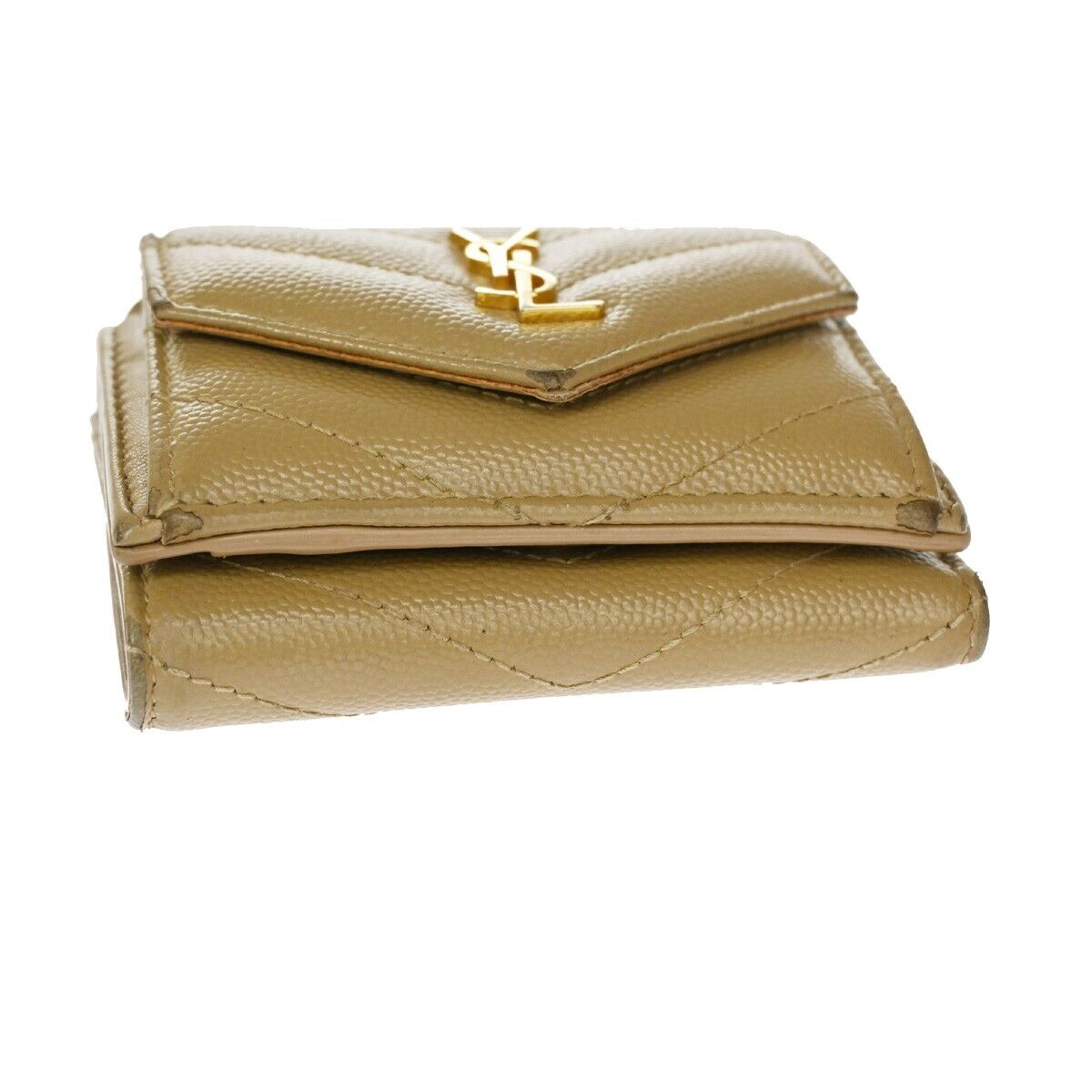 SAINT LAURENT YSL Logo Trifold Wallet Purse Leather Beige Gold Italy 66SH093