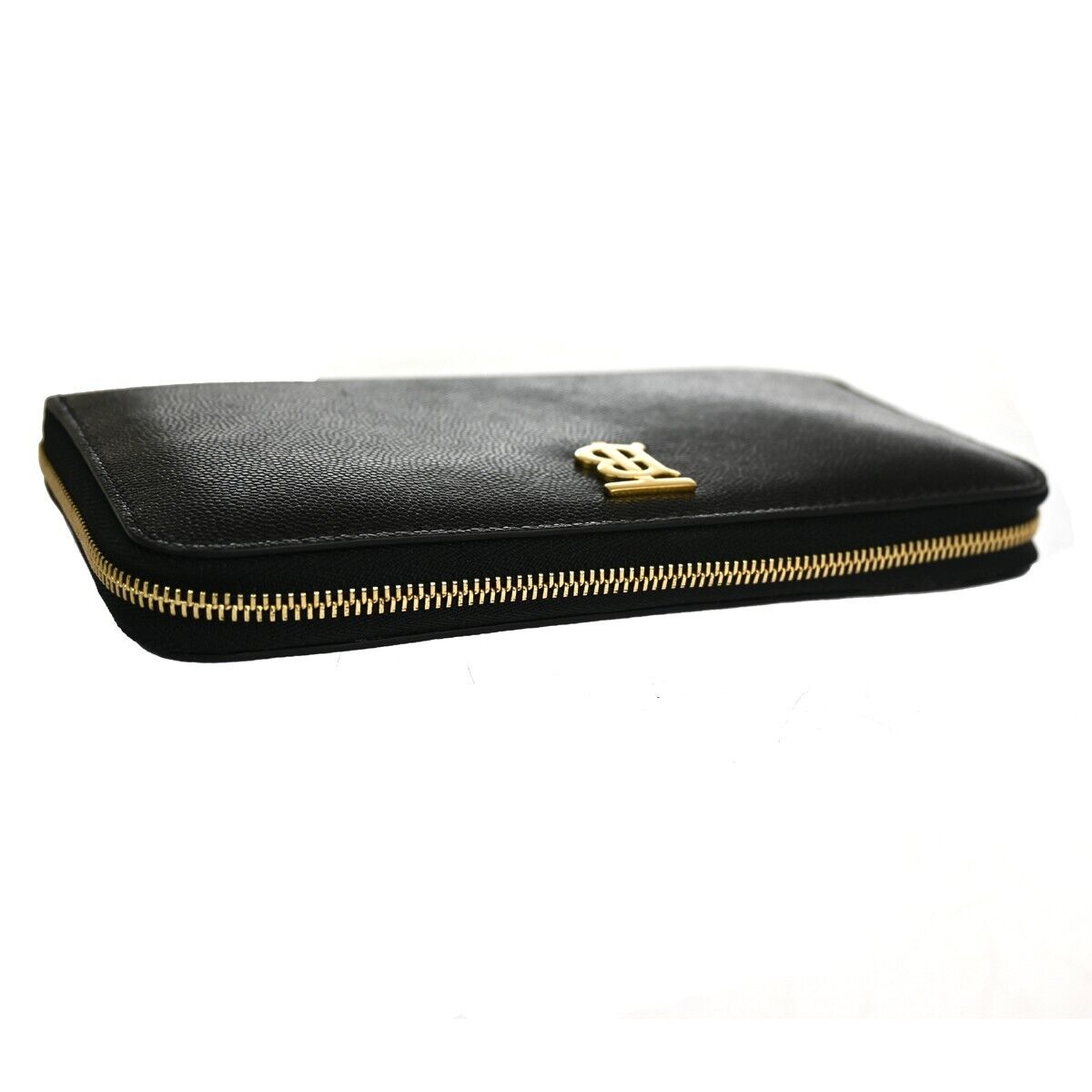 BURBERRY Logo  Zipper Long Wallet Purse Leather Black Gold Italy 31KA118