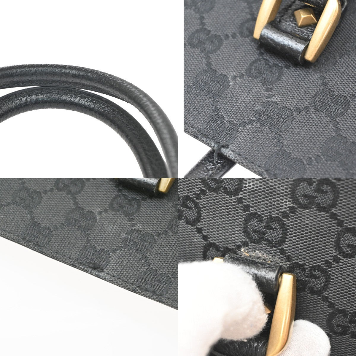 Gucci GG  Pattern Nailhead Tote Hand Bag Black Canvas Leather Italy 84SA156