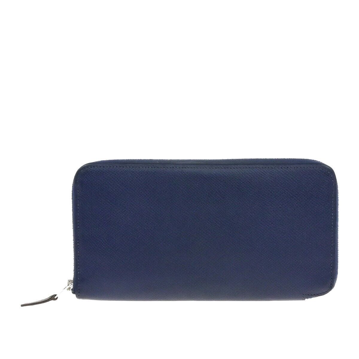 HERMES Logo Azap Zip Around Long Wallet Silk Epsom Leather Navy Blue SHW 37ED890