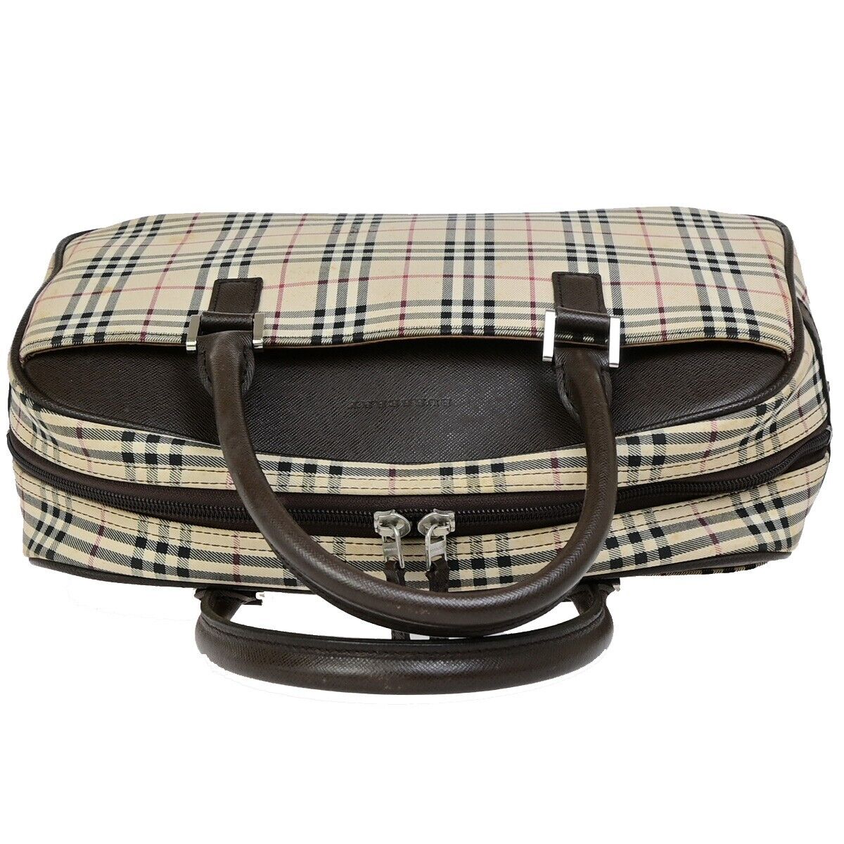 BURBERRY Logo Nova Check Hand Bag Canvas Leather Beige Brown Silver 63KA488