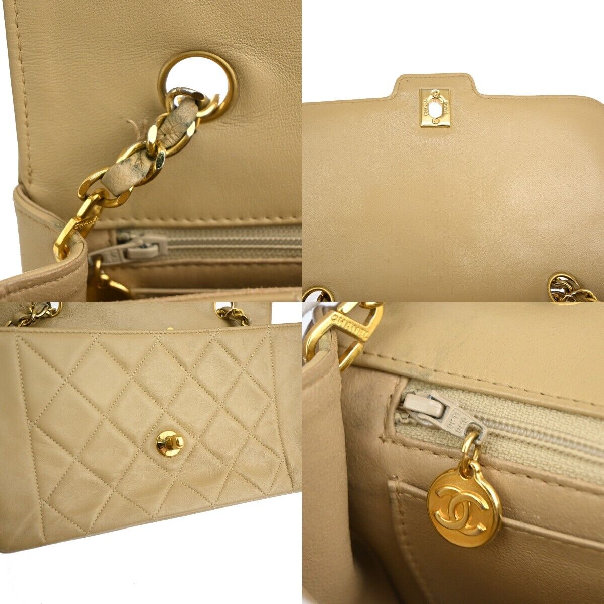CHANEL CC Logo Matelasse Chain Shoulder Bag Leather Beige GHW Vintage 318RJ477