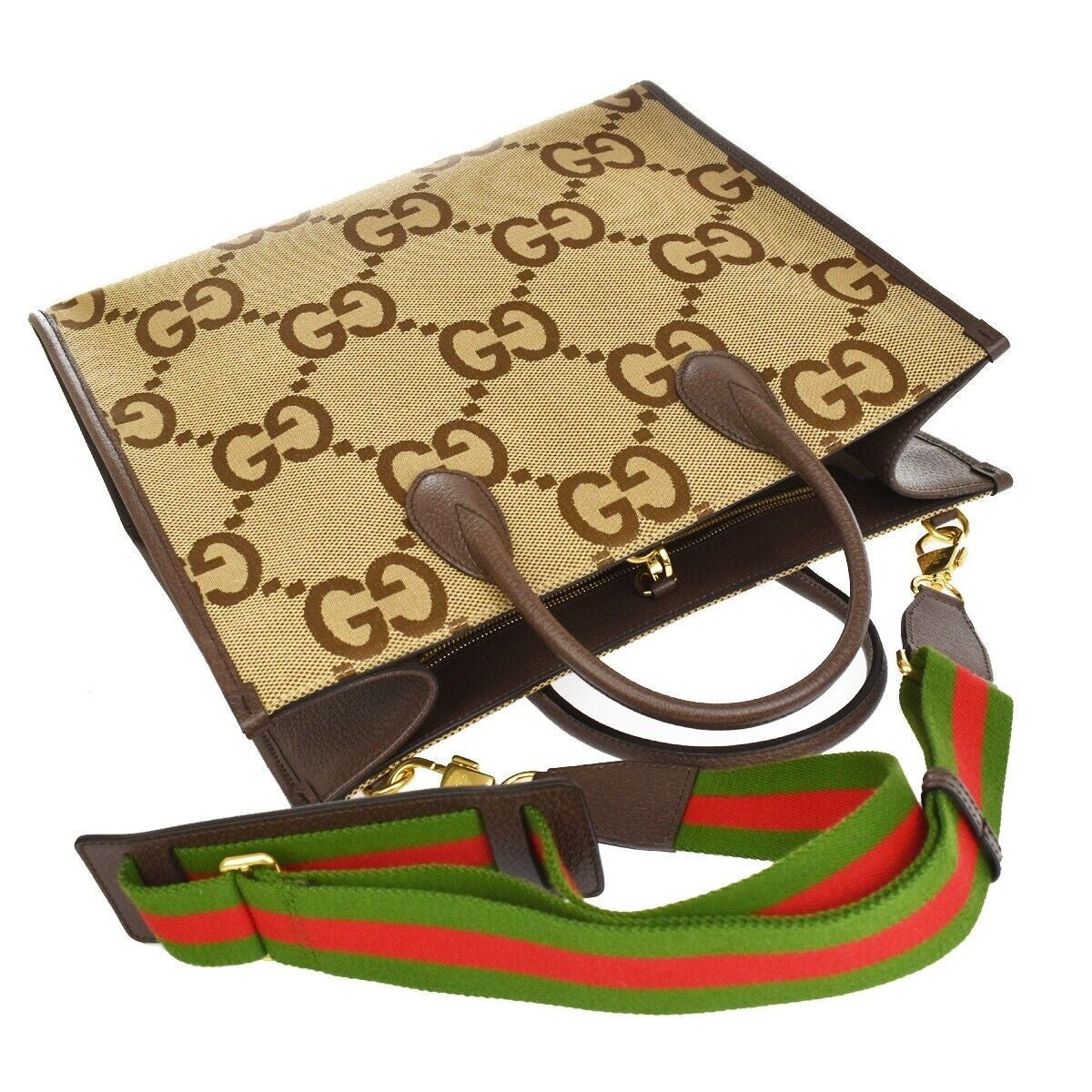 GUCCI Jumbo GG 2Wy Shoulder Hand Bag Canvas Leather Brown Gold Italy 641RC768