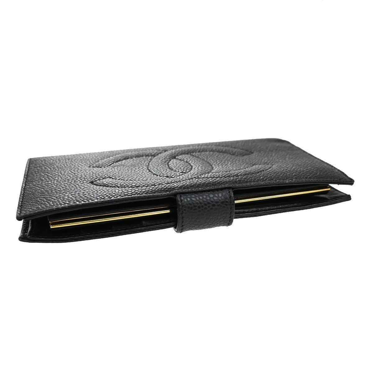 CHANEL CC LOGO Long Bifold Wallet Grained Calfskin Leather Black France 77RL156