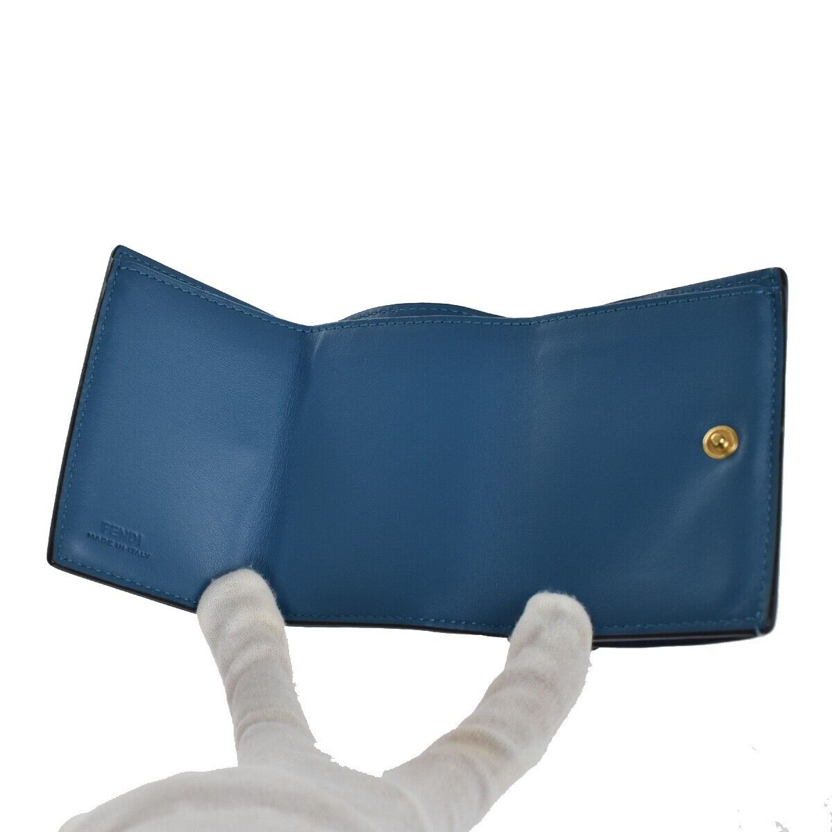 FENDI Zucca Pattern Mini Trifold Wallet Purse Leather Blue White Italy 61YD091
