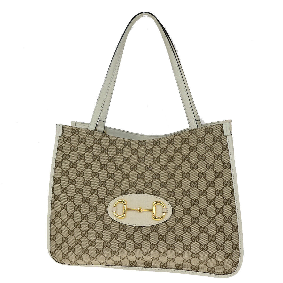 GUCCI Logo Horsebit GG Pattern Shoulder Bag Canvas Leather Brown White 20YG552