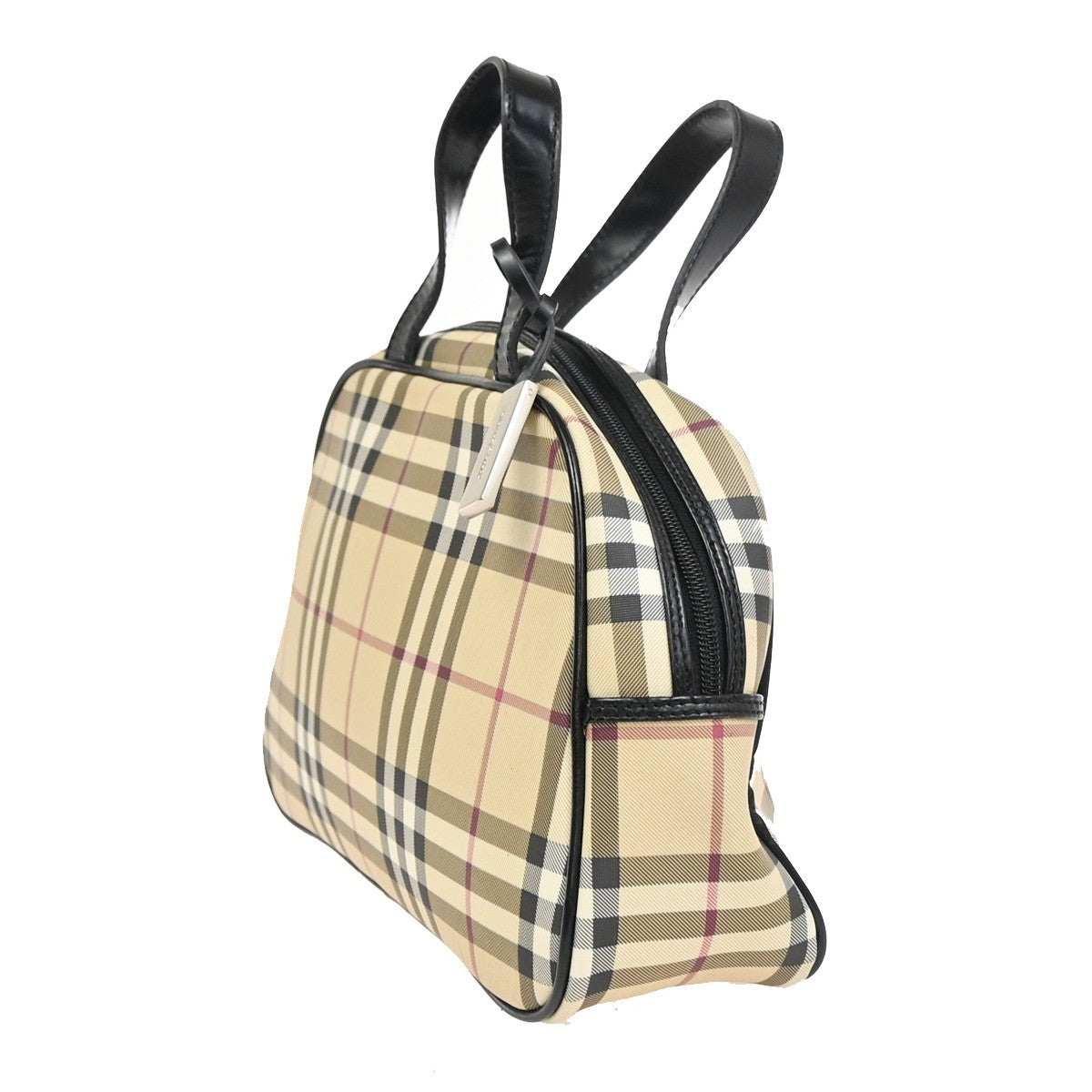 BURBERRY Logo Nova Check Pattern Hand Bag PVC Leather Black Beige SHW 31KD025