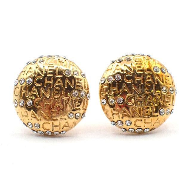 CHANEL Logo Rhinestones Earrings Clip-on Gold France Vintage 36RL872