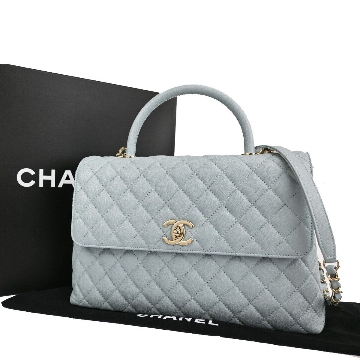 CHANEL CC Matelasse 2Way Chain Shoulder Bag Caviar Skin Leather Blue 901RH897