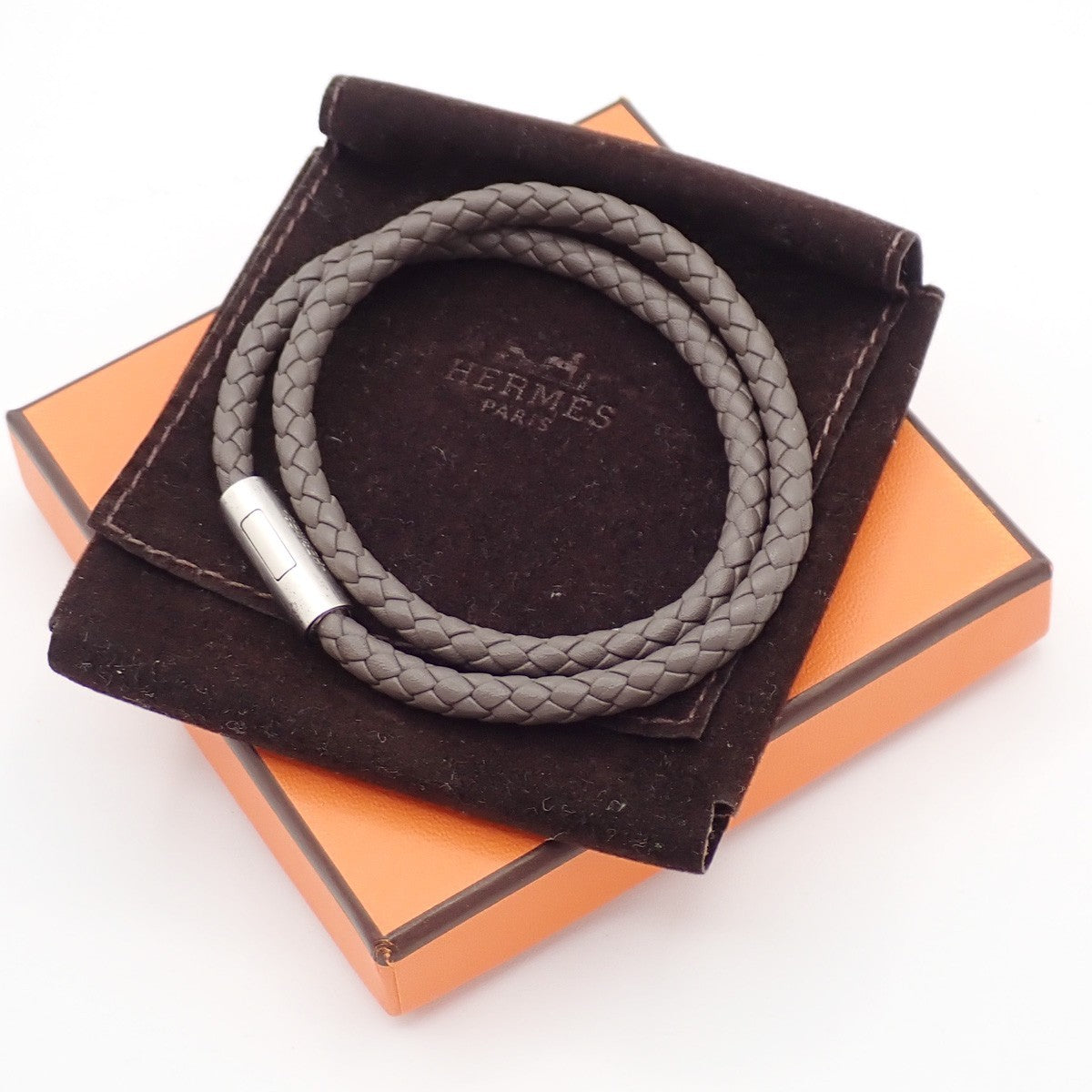 HERMES Goliath Bracelet Double Tour bracelet Leather Gray SHW Italy 69YH871