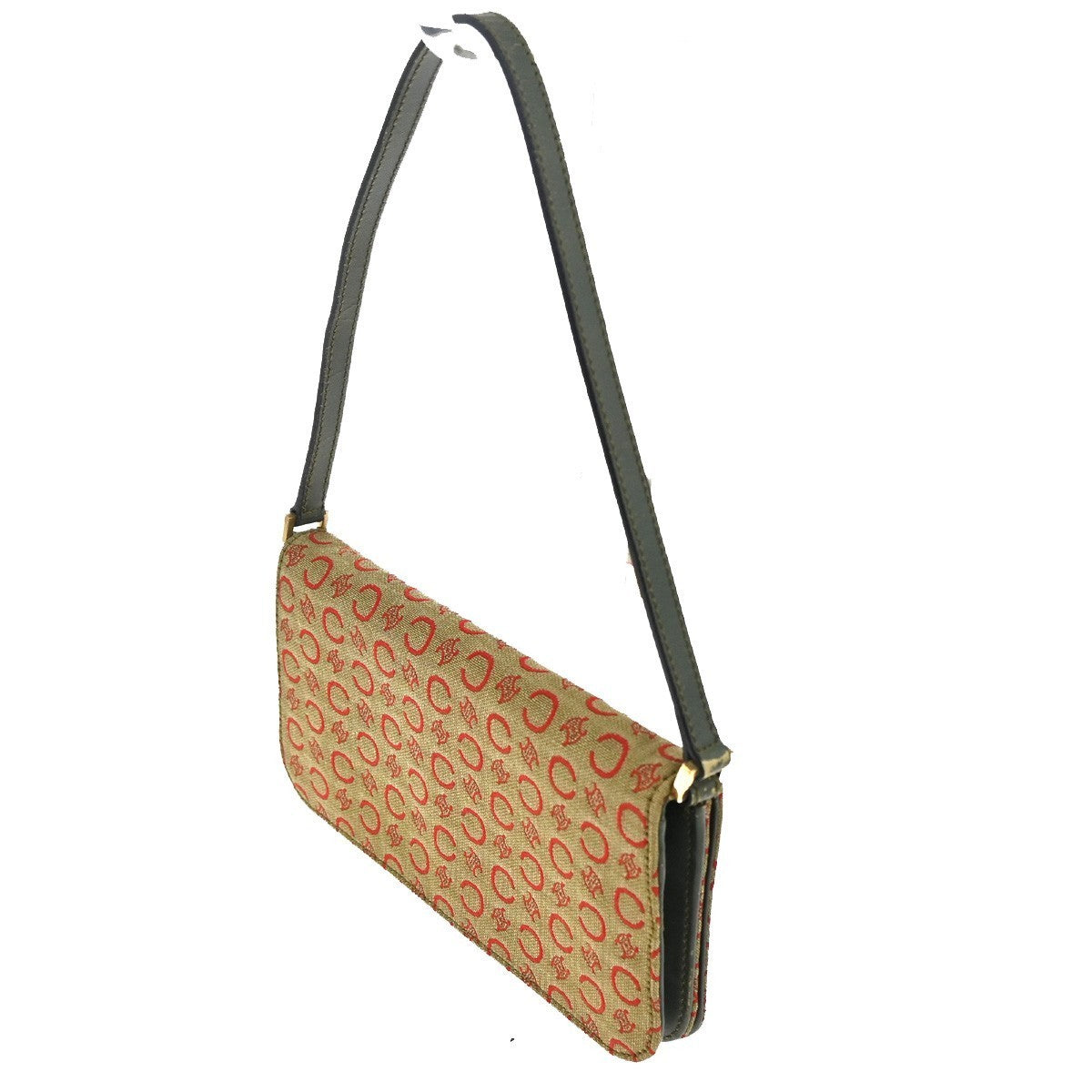CELINE C Macadam Mini Shoulder Hand Bag Canvas Leather Green GHW 38TA468