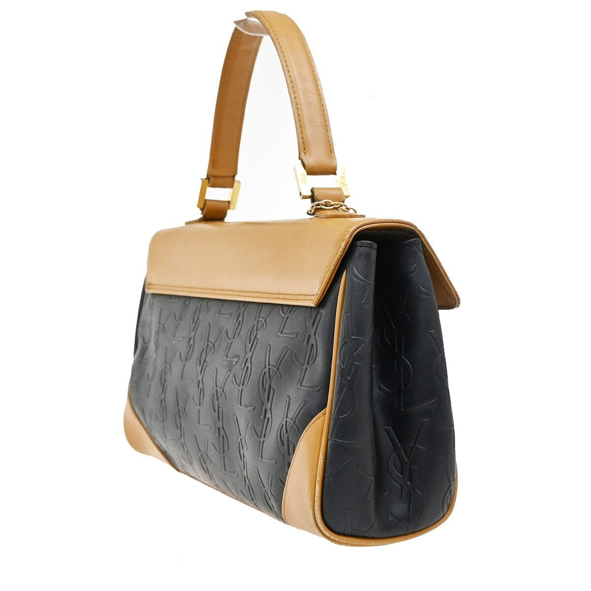 YVES SAINT LAURENT YSL Logo Hand Bag PVC Leather Black Brown Gold 03EE380