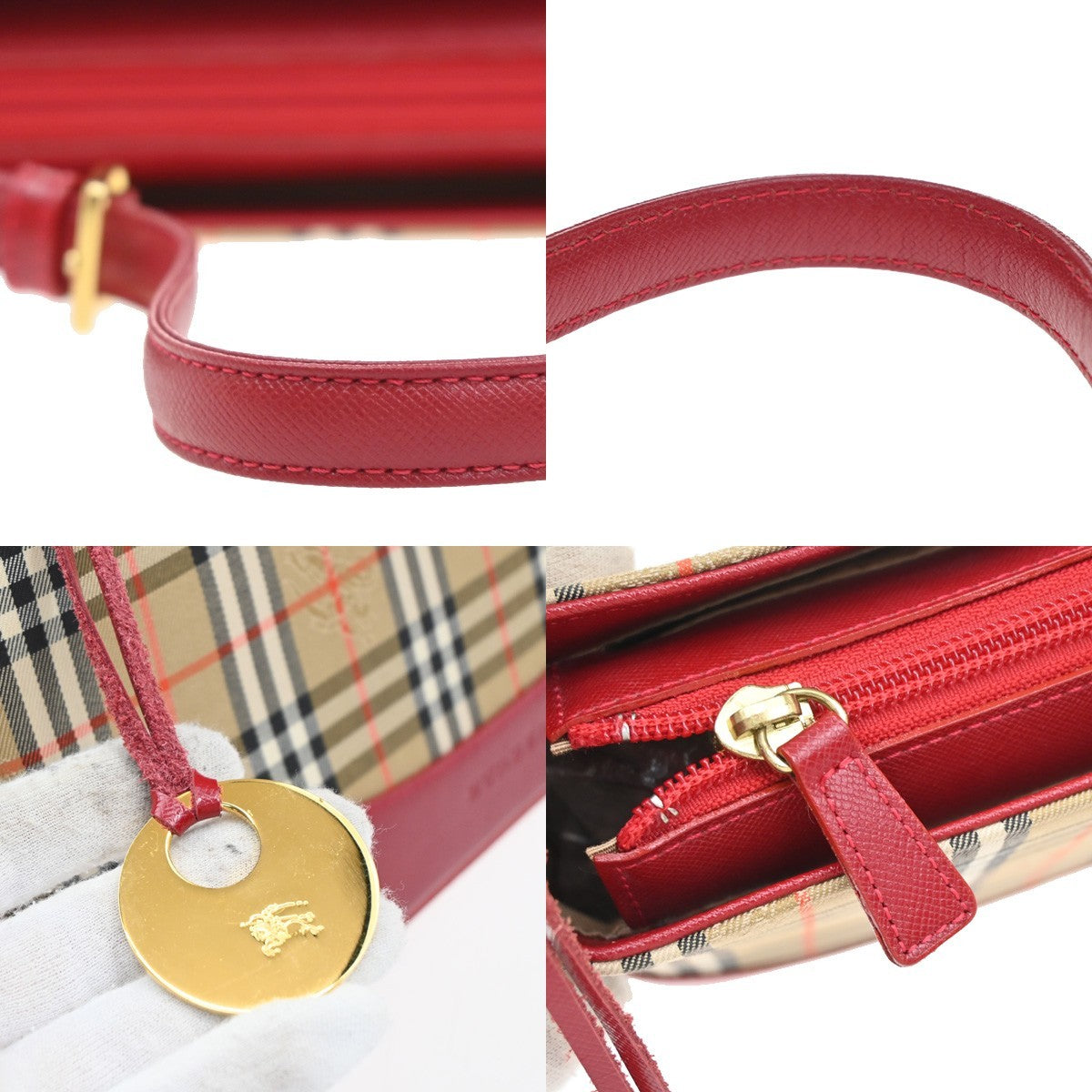 Burberry Logo House Check Handbag Charm Canvas Leather Beige Red GHW 34RL519
