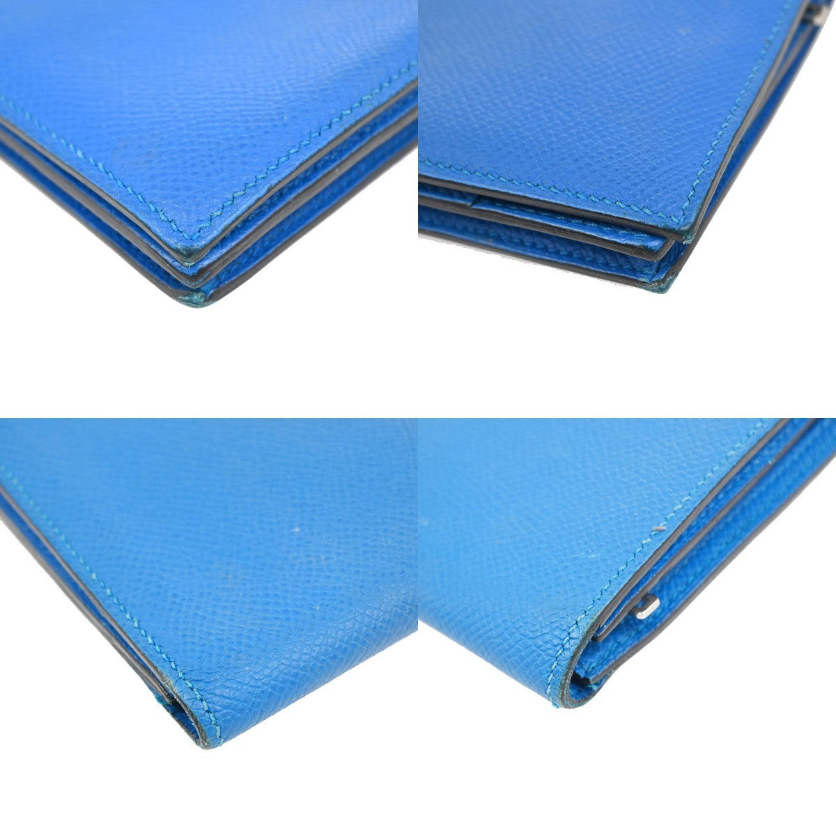 HERMES Logo Bearn Long Bifold Wallet Purse Epson Leather Blue SHW 65RQ023
