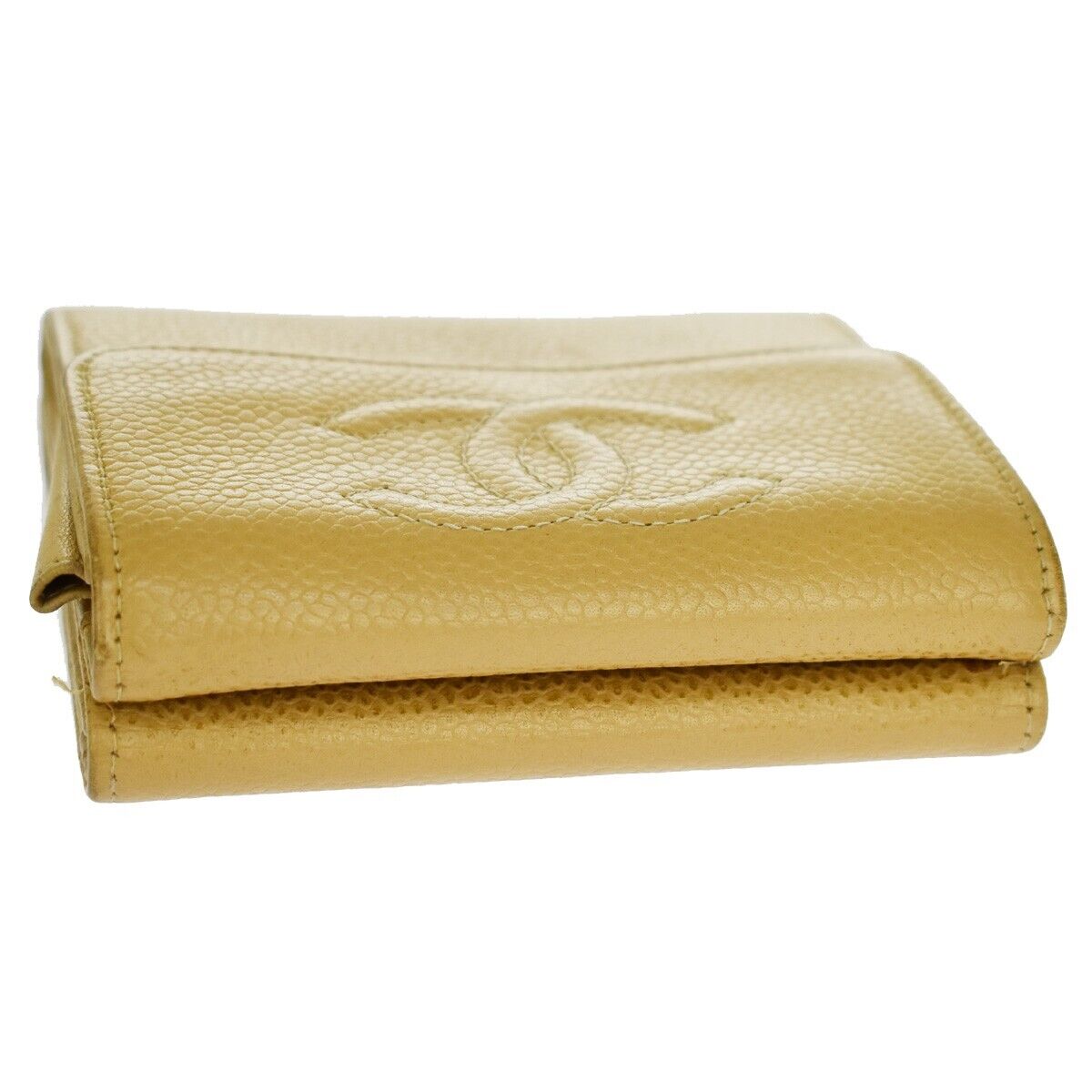 CHANEL CC Logo Bifold Wallet Purse Caviar Skin Leather Beige France 68sh439