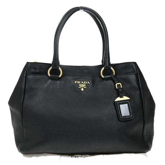 PRADA Logo Shoulder Tote Bag Leather Black Gold Made in Italy 82ED972