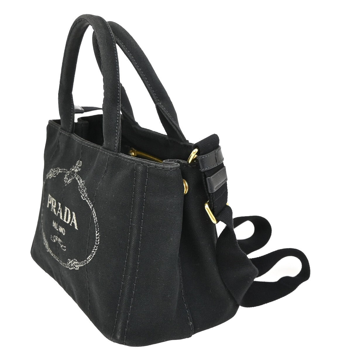 PRADA Logo Canapa 2Way Shoulder Hand Bag Canvas Leather Black GHW Italy 77EE255