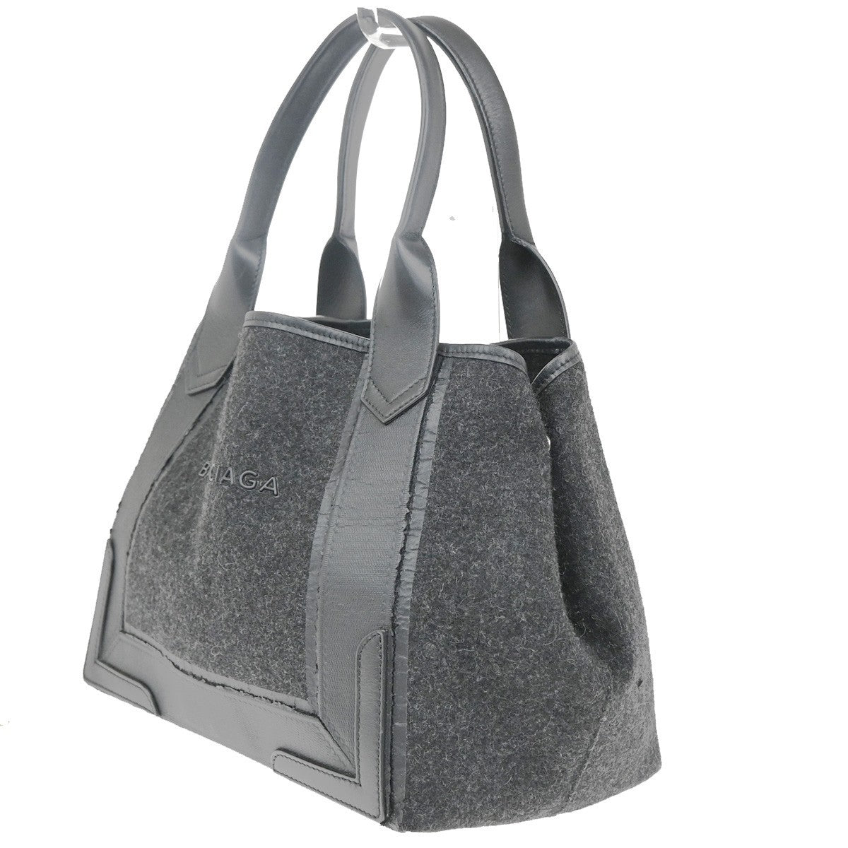 BALENCIAGA Logo Navy Cabas S Hand Bag Wool Felt Fabric Leather Black 30YH822