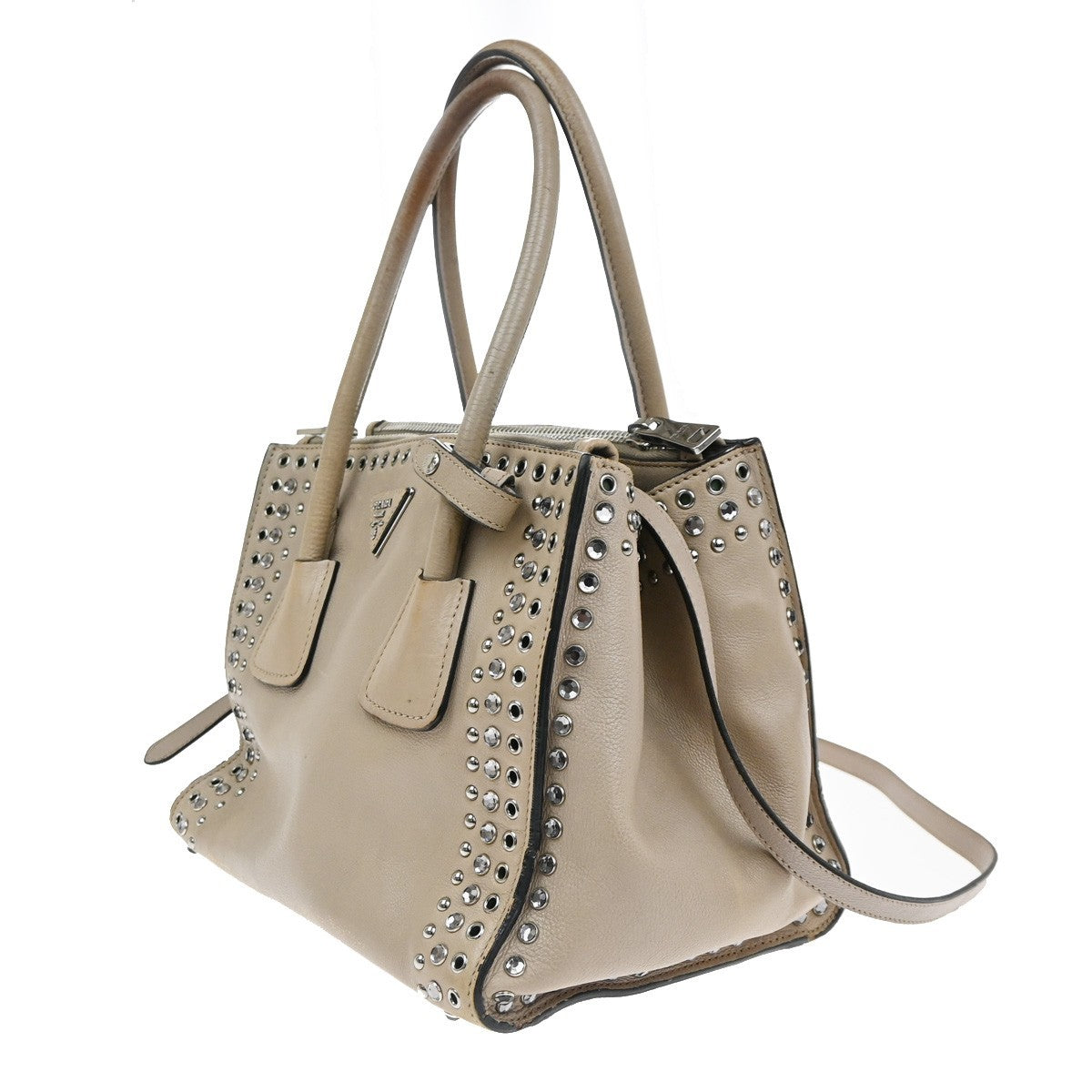 PRADA Studs 2Way Shoulder Hand Bag Leather Rhineston Beige GHW Spain 33TA590