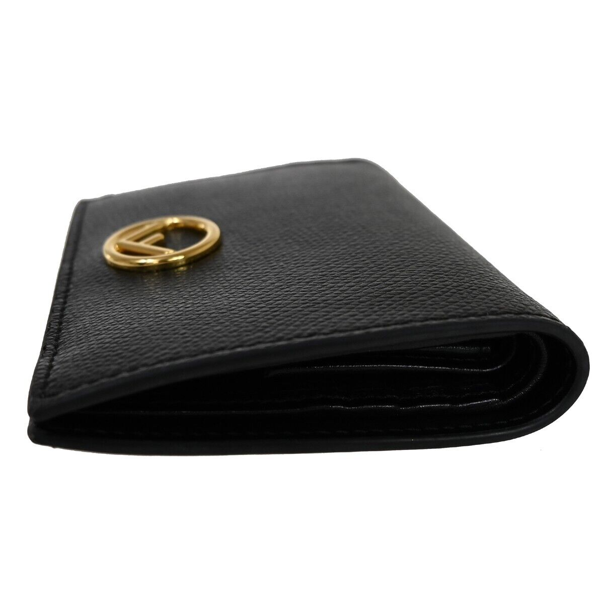 FENDI F Logo Bifold Wallet Purse Embossing Leather Black Gold Italy 32EA222