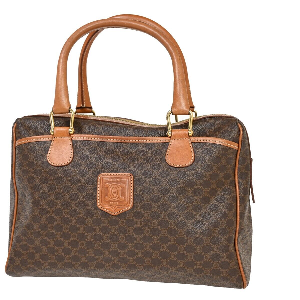 CELINE Logo Macadam Pattern  Hand Bag PVC Leather Brown Gold Italy 30FA326