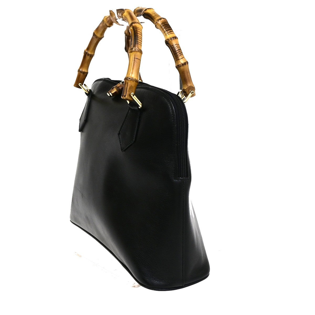 GUCCI Logo Bamboo Tote Shoulder Handbag Leather Black Italy GHW 60CB036