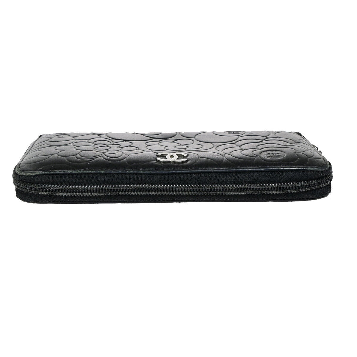 CHANEL CC Logo Camellia Pattern Zip Around Long Wallet Leather Black 30EB556