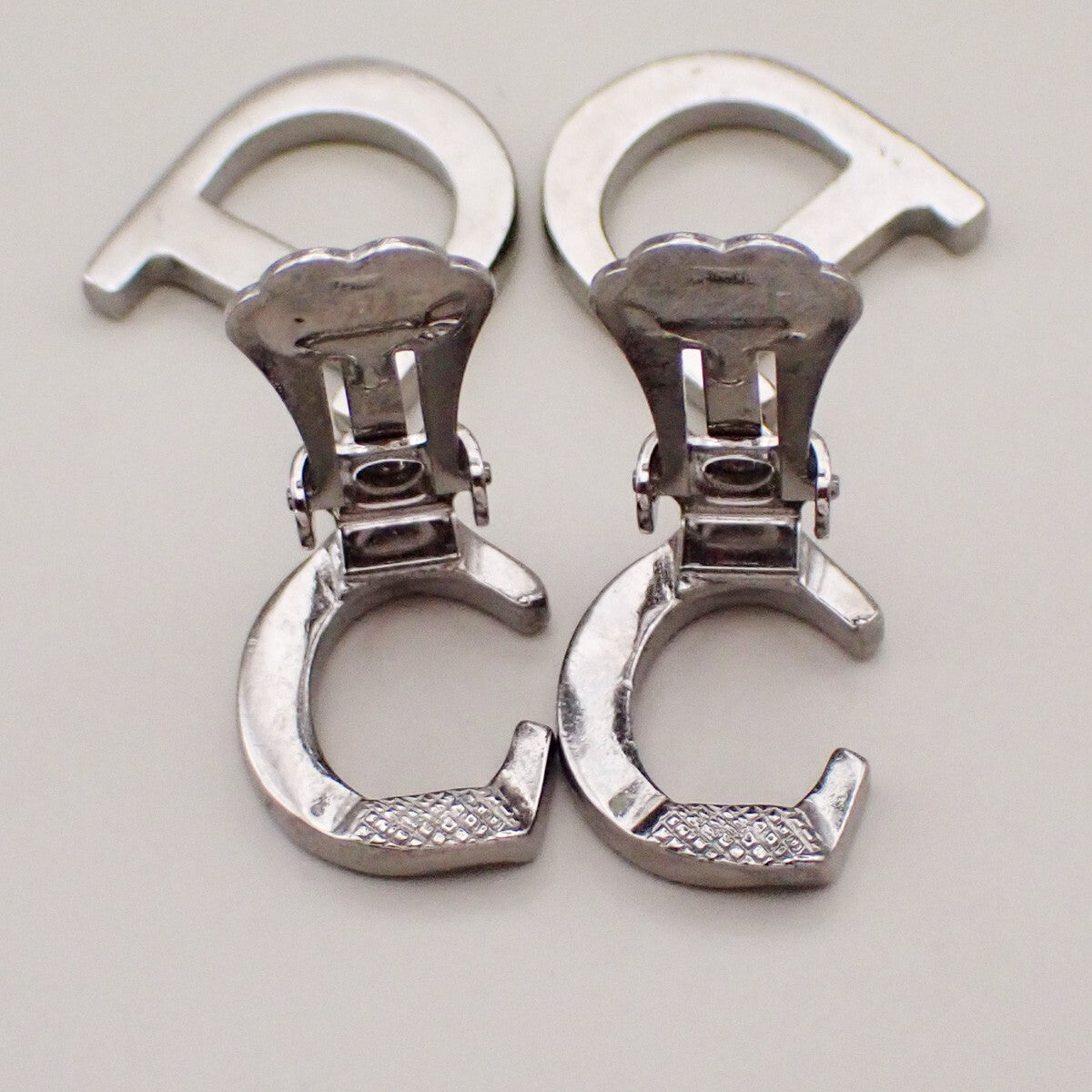 CHRISTIAN DIOR CD Logo Rhinestone Drop Earrings Clip-On Silver Accesory 05YH196