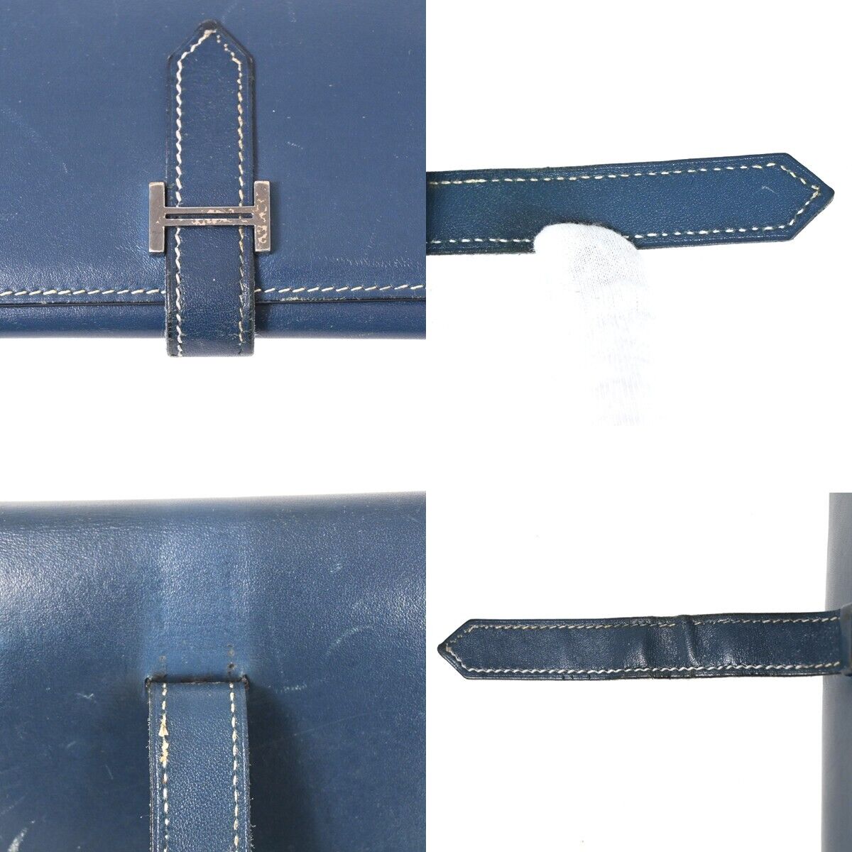 HERMES H Logo Bearn Long Trifold Wallet Purse ▢H Box Calf Leather Blue 82HB258