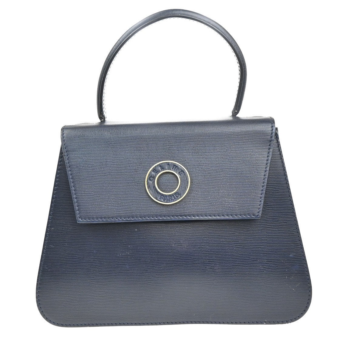 CELINE Circle Logo Tote Hand Bag Embossing Leather Navy Blue GHW 62KC507