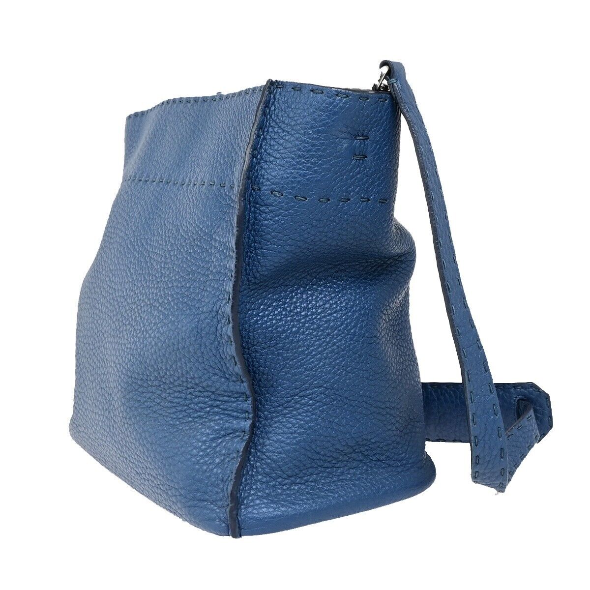 FENDI Logo Anna Selleria Bucket Shoulder Bag Leather Blue Italy 83FB186