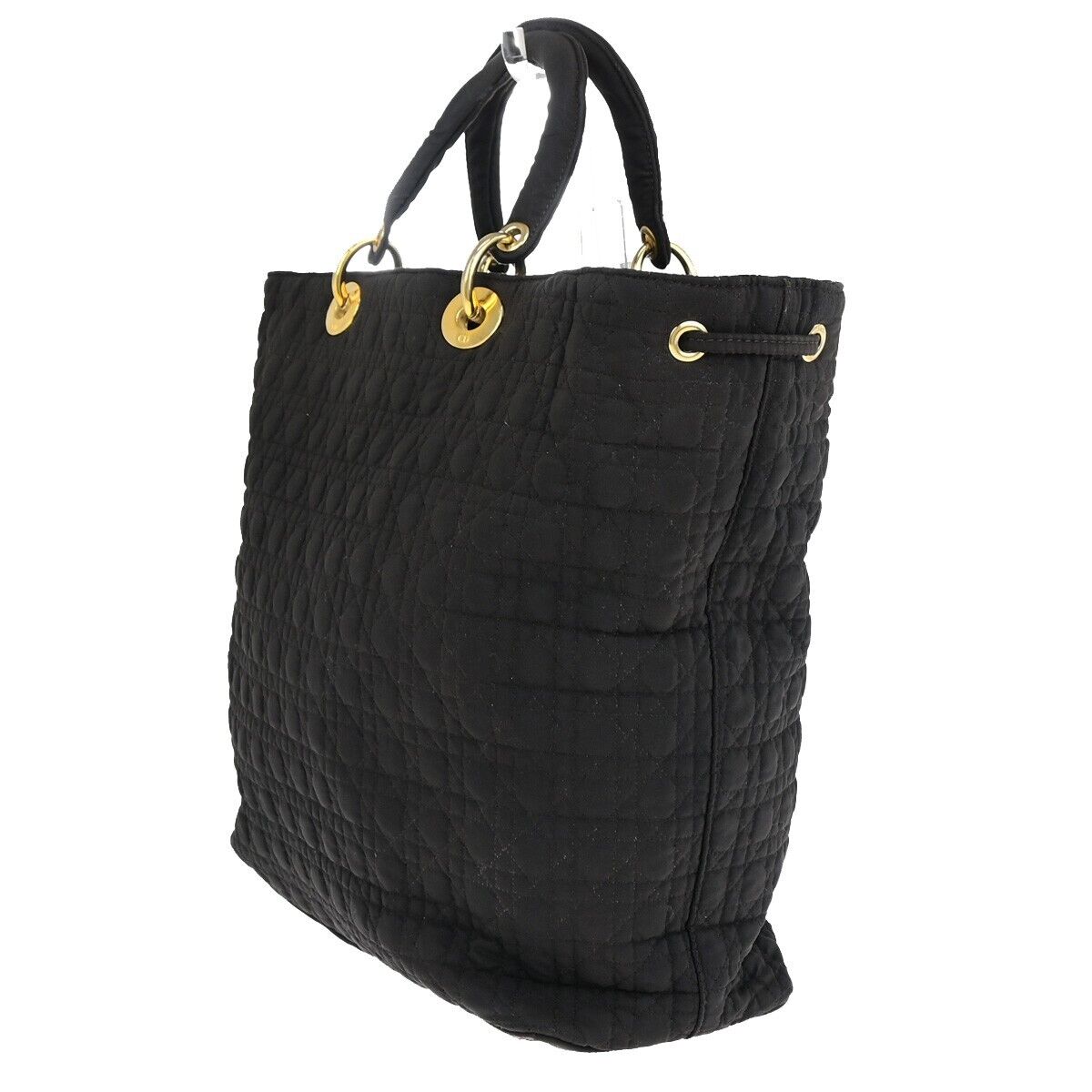 CHRISTIAN DIOR Logo Lady Cannage Hand Bag Canvas Leather Black GHW Italy 88EC943