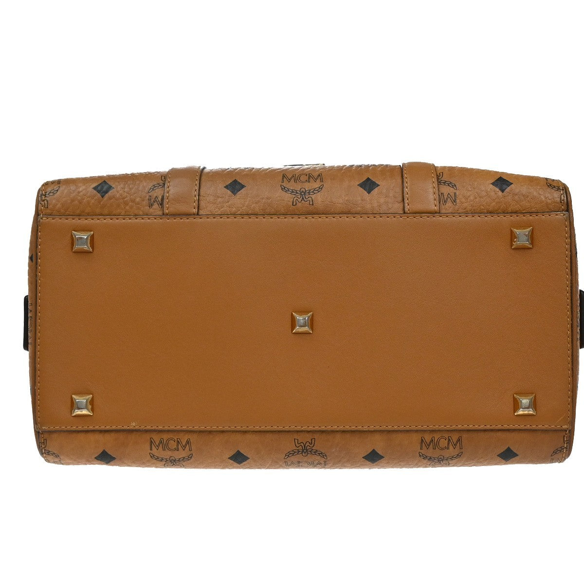 MCM Logo Travel Hand Bag Leather Brown Gold Plated 61EG132
