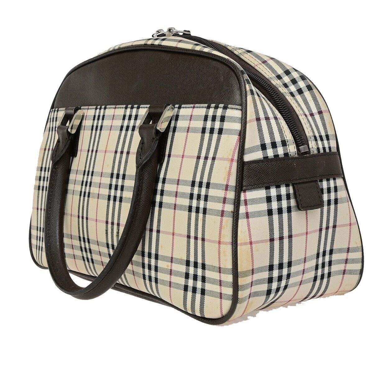 BURBERRY Logo Nova Check Hand Bag Canvas Leather Beige Brown Silver 63KA488