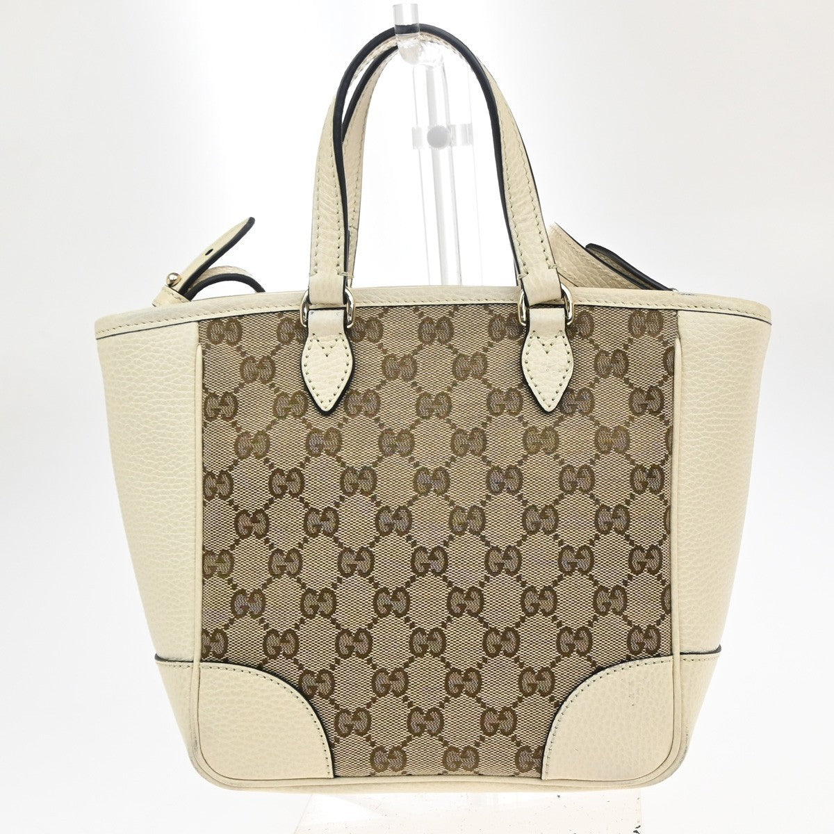 GUCCI GG Logo 2way Shoulder Handbag Canvas Leather Beige White GHW Italy 93KC202