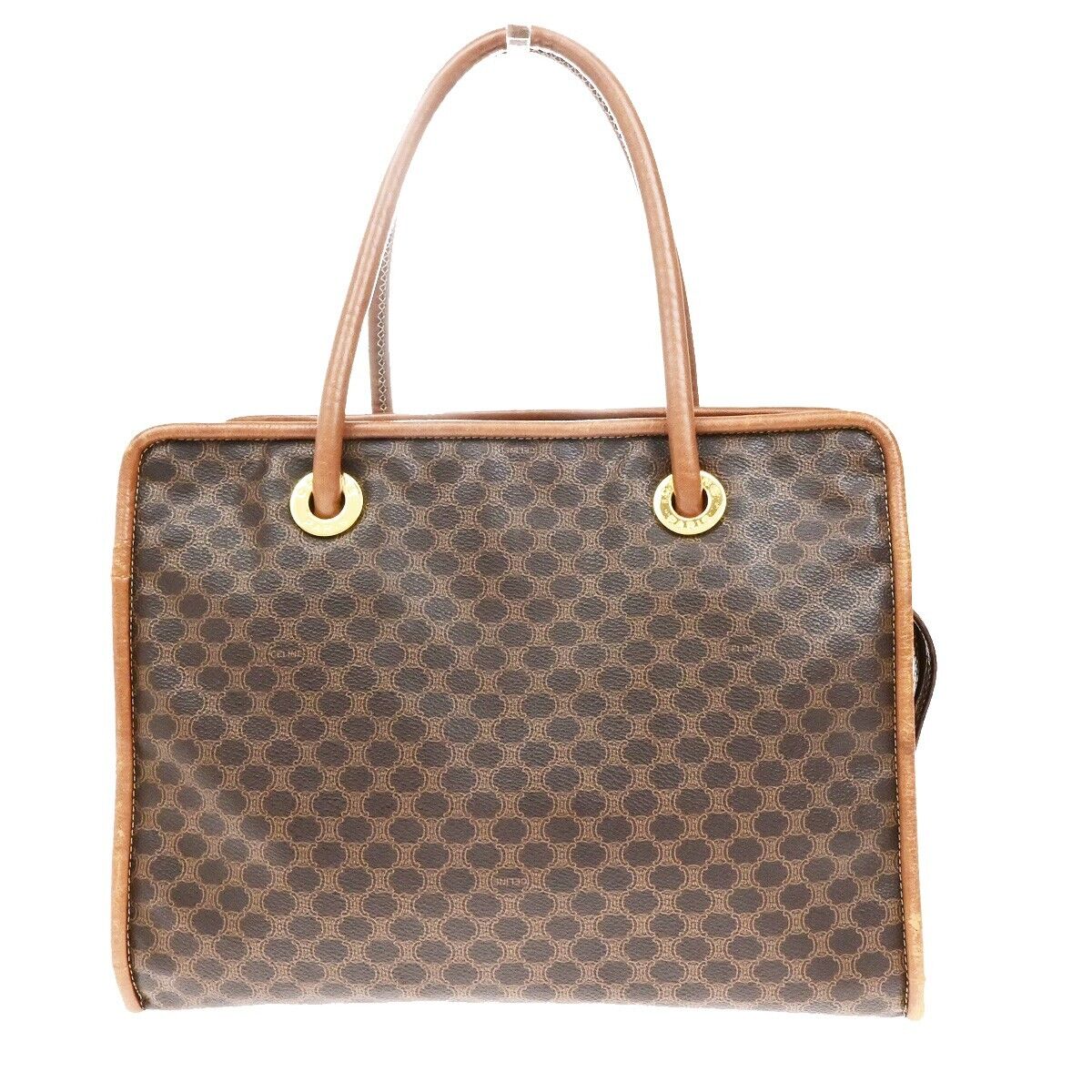 CELINE Circle Logo Macadam Pattern Shoulder Hand Bag PVC Leather Brown 33ED943