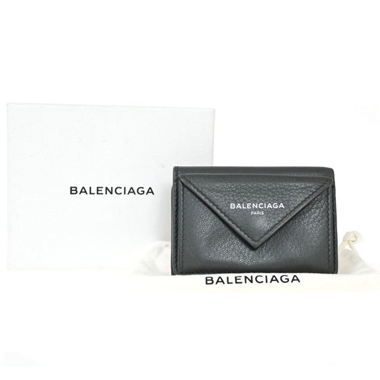 BALENCIAGA Logo Paper Mini Trifold Wallet Purse Leather Gray SHW Italy 67HB259